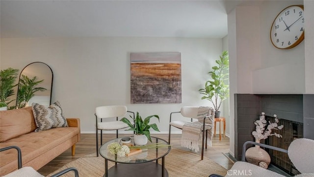 living area featuring baseboards, a fireplace, and wood finished floors