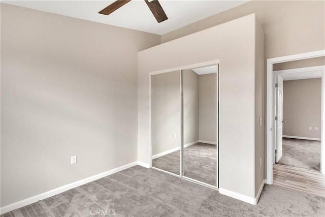 18420 Wisteria St, Hesperia, CA 92345 - unfurnished bedroom featuring baseboards, a closet, carpet floors, and a ceiling fan