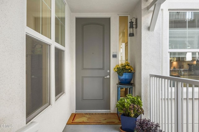 view of exterior entry with stucco siding