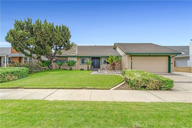 ranch-style house with a tiled roof, stone siding, a front lawn, an attached garage, and driveway