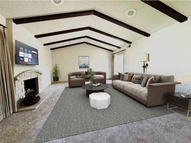 living area with visible vents, carpet, a fireplace, a textured ceiling, and vaulted ceiling with beams