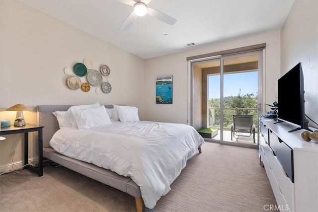 2865 Rock Wren Ln, Avila Beach, CA 93424 - bedroom with light carpet, access to exterior, and a ceiling fan