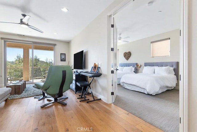 2865 Rock Wren Ln, Avila Beach, CA 93424 - bedroom featuring wood-type flooring, access to exterior, a ceiling fan, and recessed lighting