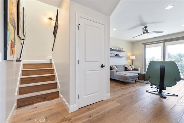 2865 Rock Wren Ln, Avila Beach, CA 93424 - home office featuring ceiling fan, hardwood / wood-style floors, baseboards, and recessed lighting