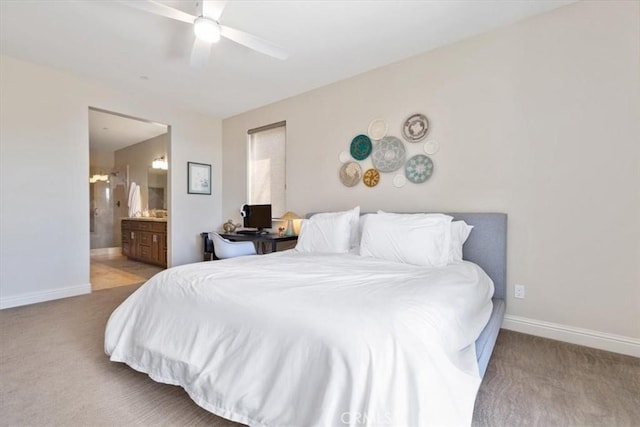 2865 Rock Wren Ln, Avila Beach, CA 93424 - carpeted bedroom with baseboards, ensuite bathroom, and a ceiling fan