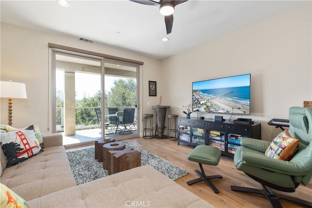2865 Rock Wren Ln, Avila Beach, CA 93424 - living area featuring wood finished floors, a ceiling fan, and recessed lighting