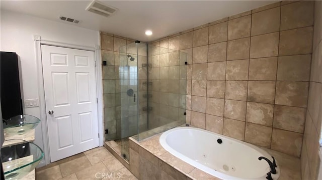 full bathroom featuring a shower stall, visible vents, recessed lighting, and a jetted tub