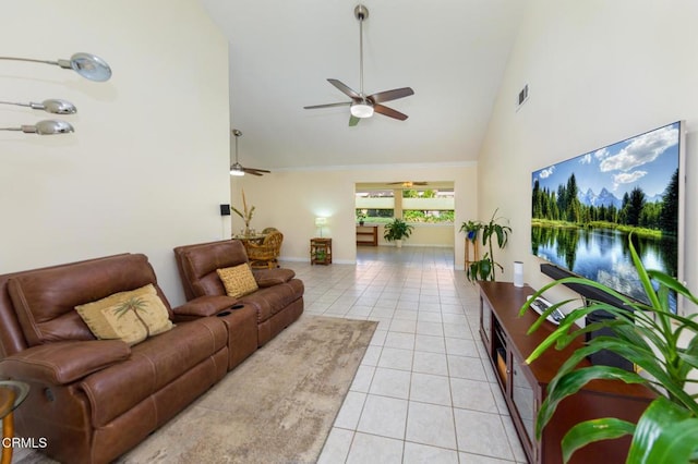 15413 Village 15, Camarillo, CA 93012 - living room with high vaulted ceiling, light tile patterned floors, baseboards, visible vents, and ceiling fan