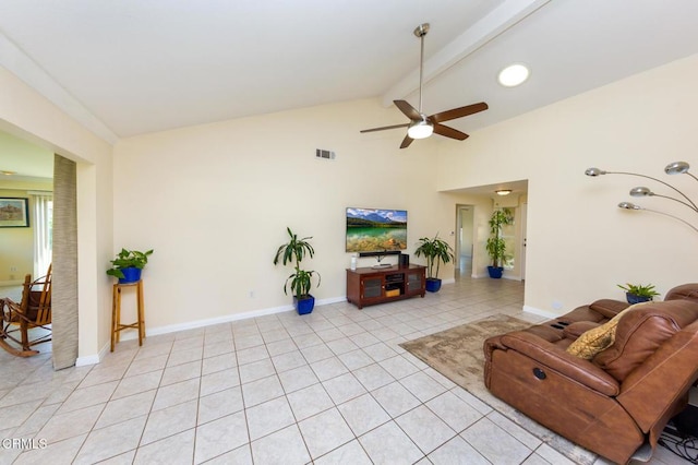 15413 Village 15, Camarillo, CA 93012 - living room with light tile patterned floors, baseboards, beamed ceiling, ceiling fan, and visible vents
