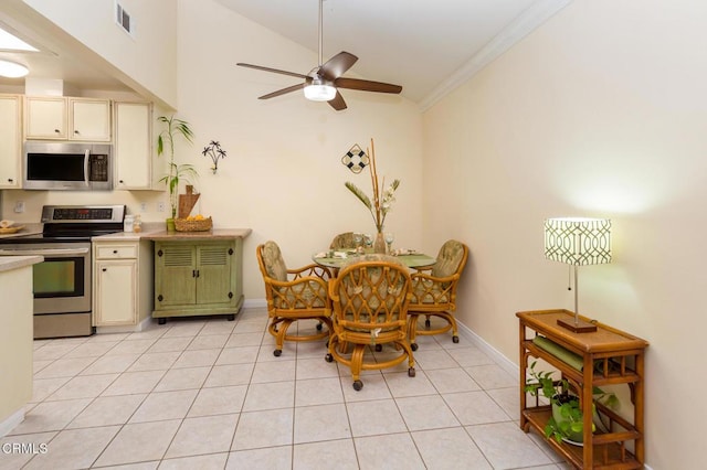15413 Village 15, Camarillo, CA 93012 - dining space featuring light tile patterned floors, baseboards, visible vents, ceiling fan, and ornamental molding