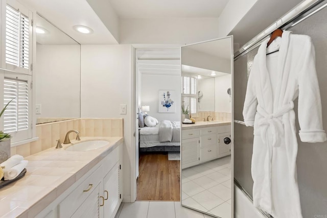 1451 Savoy Cir, San Diego, CA 92107 - full bathroom featuring vanity, tile patterned floors, ensuite bath, tasteful backsplash, and a shower