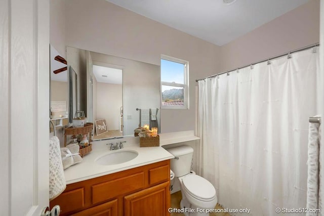 full bath featuring curtained shower, toilet, and vanity