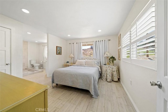 bedroom with light wood-style floors, recessed lighting, baseboards, and multiple windows