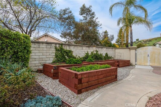 view of yard with a gate, a garden, and fence private yard