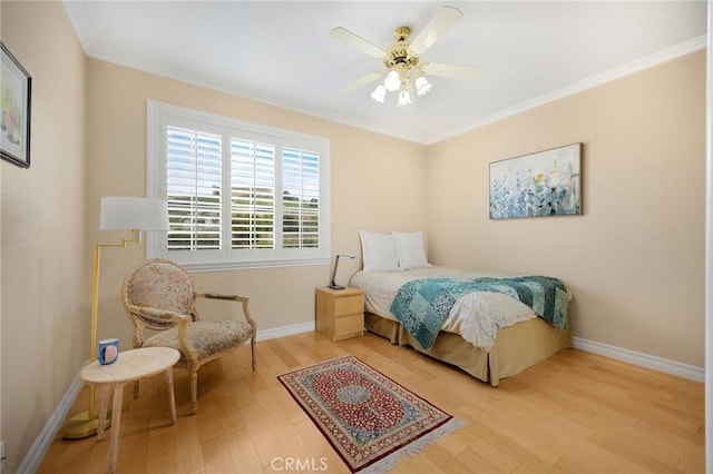748 E Mariposa Dr, Redlands, CA 92373 - bedroom featuring wood finished floors, baseboards, crown molding, and a ceiling fan