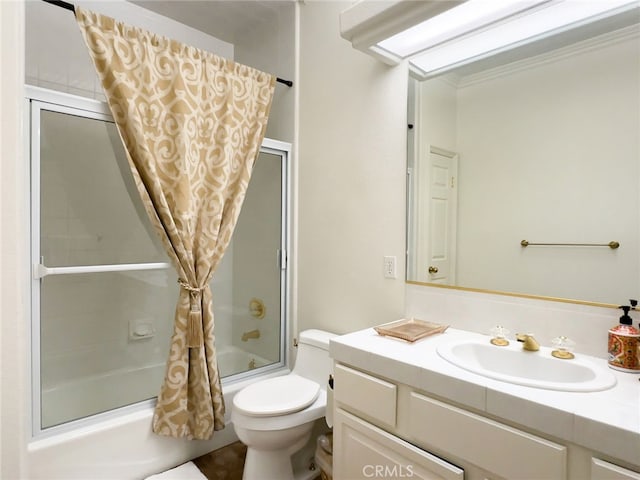 748 E Mariposa Dr, Redlands, CA 92373 - bathroom with toilet, enclosed tub / shower combo, vanity, and crown molding