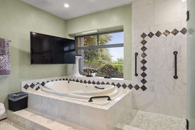 5240 Foothill Rd, Ventura, CA 93003 - bathroom featuring a bath, a tile shower, and toilet