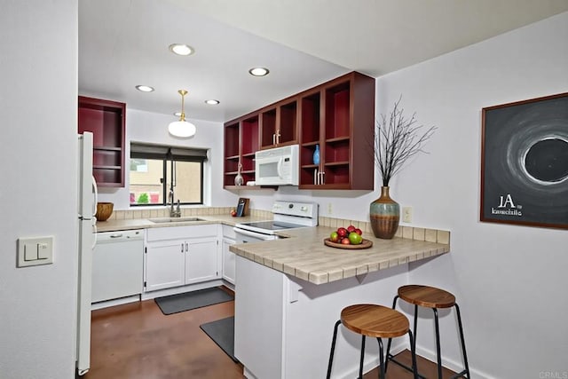 3116 Vista Bonita, Carlsbad, CA 92009 - kitchen featuring open shelves, white appliances, a sink, and recessed lighting