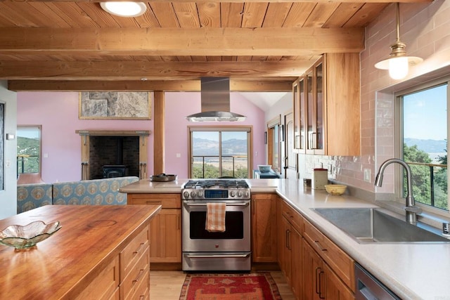 25770 E Grade Rd, Santa Ysabel, CA 92070 - kitchen with appliances with stainless steel finishes, island range hood, wood ceiling with exposed beams, a sink, and light wood-style floors