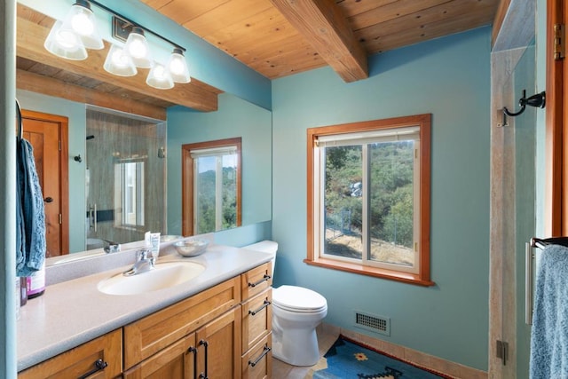 25770 E Grade Rd, Santa Ysabel, CA 92070 - bathroom with healthy amount of natural light, wooden ceiling with exposed beams, vanity, toilet, and a shower