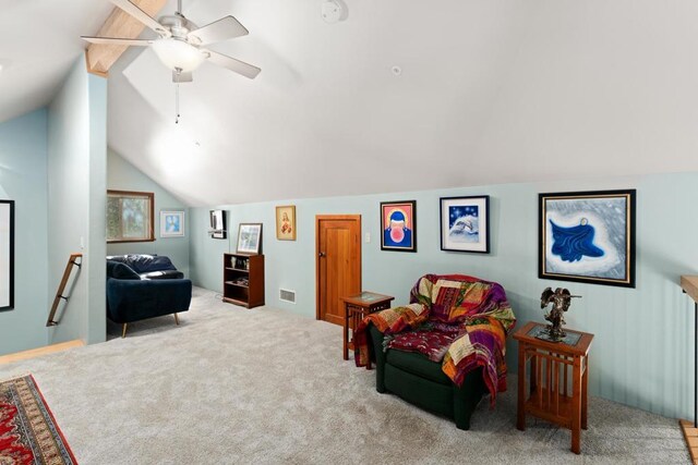 25770 E Grade Rd, Santa Ysabel, CA 92070 - carpeted living area featuring vaulted ceiling and a ceiling fan