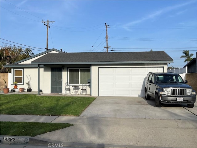 18862 Carolyn Ln, Huntington Beach, CA 92646 - single story home featuring concrete driveway, stucco siding, roof with shingles, a front yard, and a garage