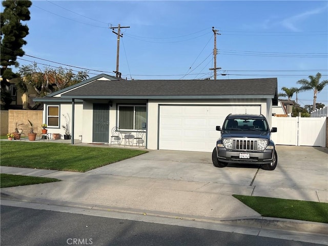 18862 Carolyn Ln, Huntington Beach, CA 92646 - ranch-style house featuring concrete driveway, stucco siding, fence, an attached garage, and a shingled roof