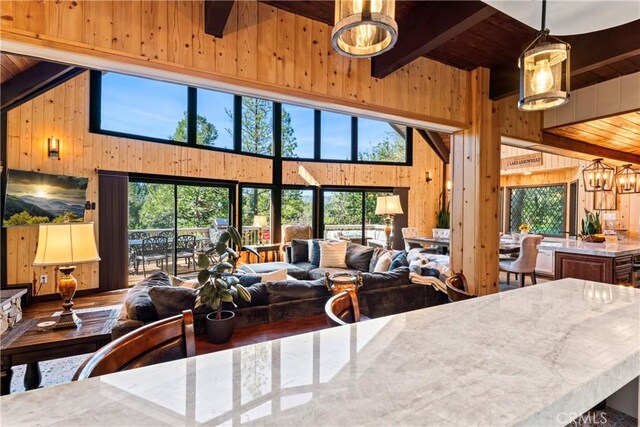 675 Grass Valley Rd, Lake Arrowhead, CA 92352 - interior space featuring wood ceiling, wood finished floors, wooden walls, and beamed ceiling