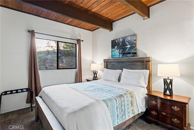 675 Grass Valley Rd, Lake Arrowhead, CA 92352 - bedroom featuring carpet, beam ceiling, and wooden ceiling