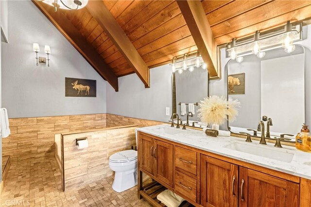 675 Grass Valley Rd, Lake Arrowhead, CA 92352 - full bathroom featuring double vanity, toilet, a sink, and wood ceiling