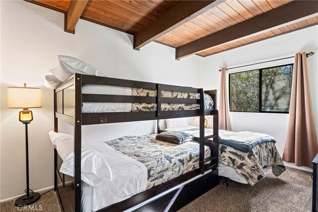 675 Grass Valley Rd, Lake Arrowhead, CA 92352 - carpeted bedroom with wood ceiling, baseboards, and beamed ceiling