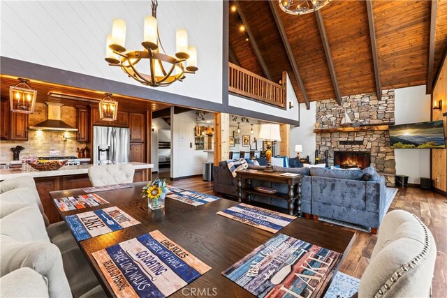 675 Grass Valley Rd, Lake Arrowhead, CA 92352 - living room featuring a fireplace, wood finished floors, wooden ceiling, high vaulted ceiling, and a chandelier
