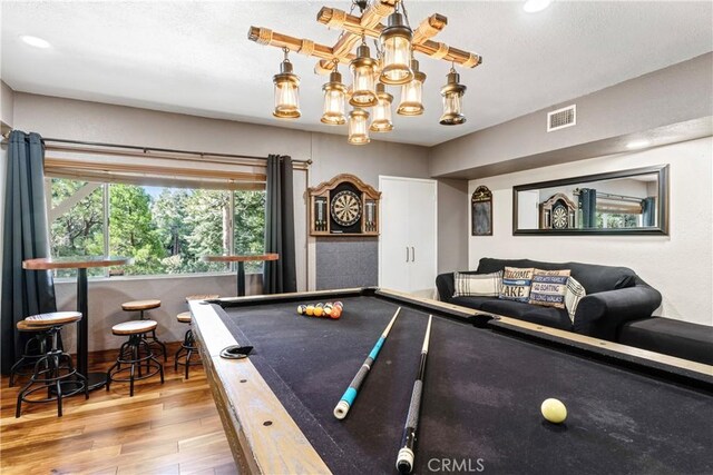 675 Grass Valley Rd, Lake Arrowhead, CA 92352 - playroom featuring visible vents, wood finished floors, recessed lighting, pool table, and a chandelier