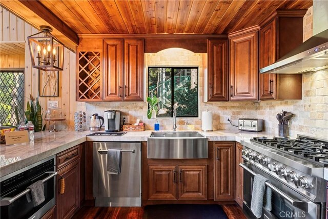 675 Grass Valley Rd, Lake Arrowhead, CA 92352 - kitchen with a sink, appliances with stainless steel finishes, wood ceiling, and wall chimney exhaust hood