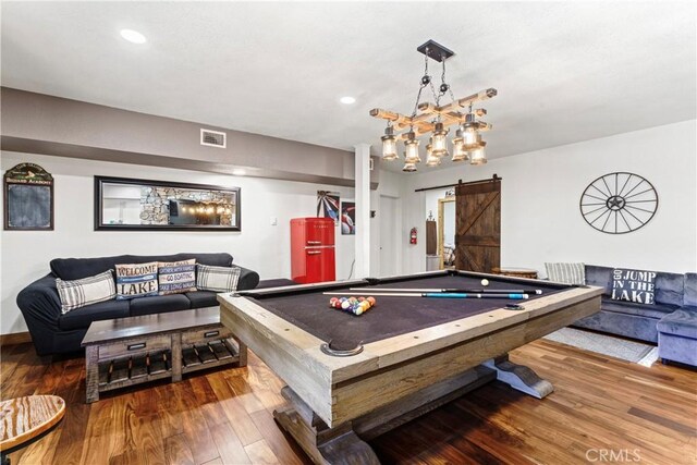 675 Grass Valley Rd, Lake Arrowhead, CA 92352 - game room with pool table, visible vents, a barn door, and wood finished floors