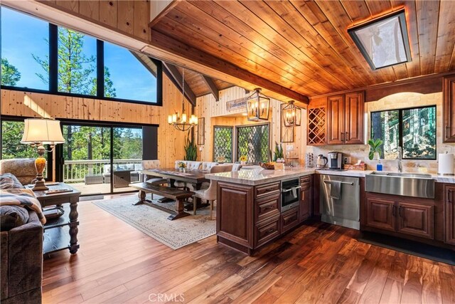 675 Grass Valley Rd, Lake Arrowhead, CA 92352 - kitchen featuring a sink, a chandelier, stainless steel appliances, open floor plan, and wooden ceiling
