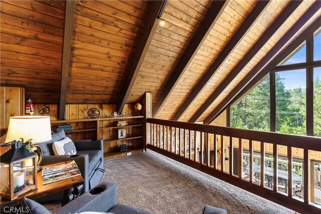 675 Grass Valley Rd, Lake Arrowhead, CA 92352 - sitting room with lofted ceiling with beams, wood ceiling, and wooden walls