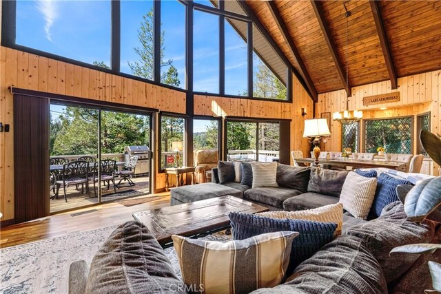 675 Grass Valley Rd, Lake Arrowhead, CA 92352 - living room with wooden walls, high vaulted ceiling, plenty of natural light, and wood finished floors