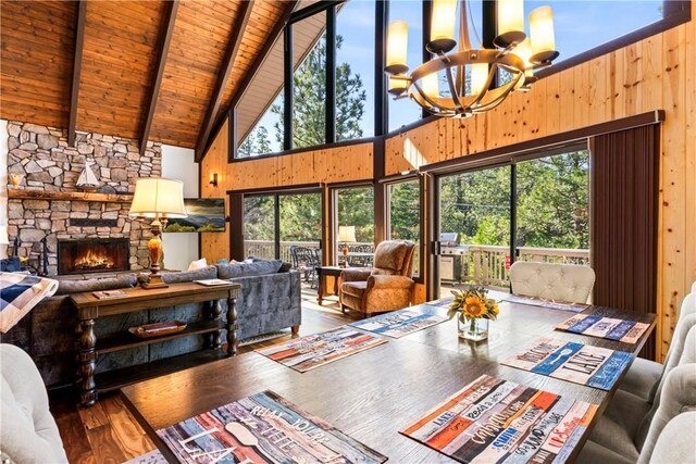 675 Grass Valley Rd, Lake Arrowhead, CA 92352 - living area with a notable chandelier, high vaulted ceiling, wood walls, and wood finished floors