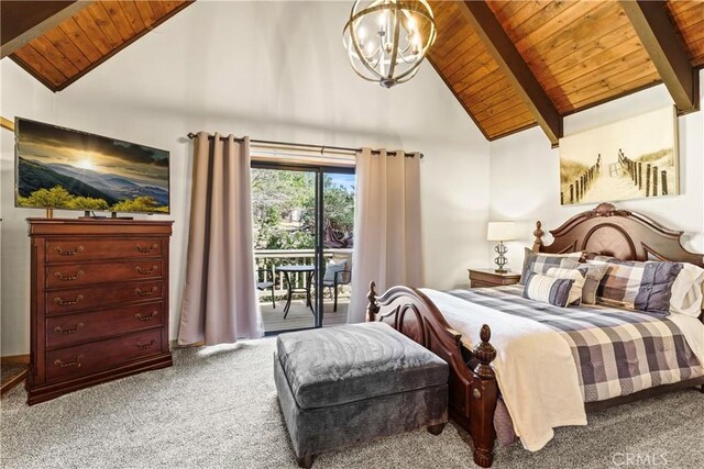 675 Grass Valley Rd, Lake Arrowhead, CA 92352 - carpeted bedroom featuring wooden ceiling, access to outside, beamed ceiling, and a chandelier