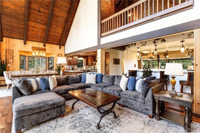 675 Grass Valley Rd, Lake Arrowhead, CA 92352 - living room with wood finished floors, beamed ceiling, high vaulted ceiling, wooden ceiling, and a notable chandelier