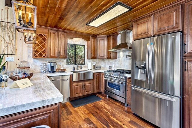 675 Grass Valley Rd, Lake Arrowhead, CA 92352 - kitchen featuring wall chimney range hood, backsplash, appliances with stainless steel finishes, a sink, and wooden ceiling