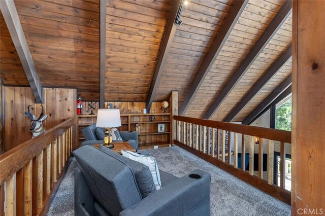 675 Grass Valley Rd, Lake Arrowhead, CA 92352 - living area featuring vaulted ceiling with beams and wood ceiling