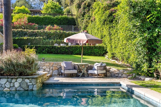 view of swimming pool with a fenced in pool, fence, a yard, and a patio area
