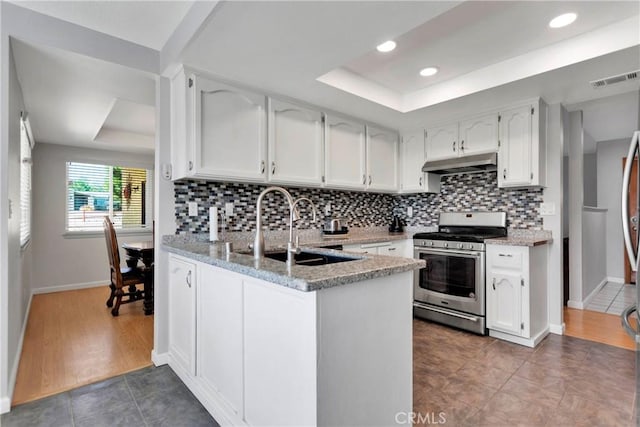 kitchen featuring a peninsula, stainless steel range with gas cooktop, under cabinet range hood, a sink, and a tray ceiling