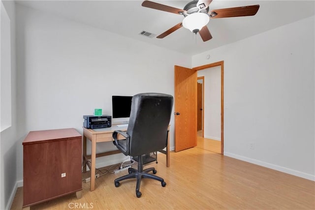 office with wood finished floors, baseboards, ceiling fan, and visible vents