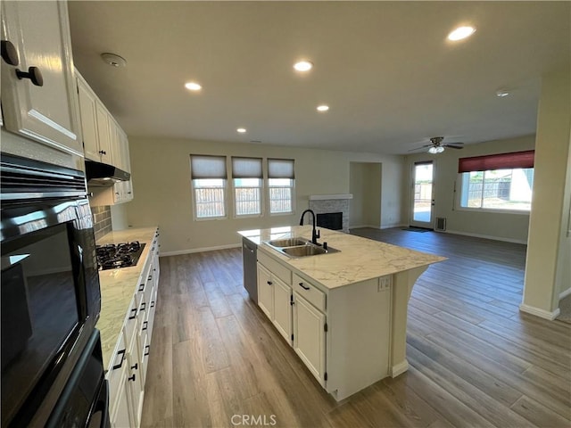 32706 Blue Mist Way, Wildomar, CA 92595 - kitchen with wood finished floors, a sink, baseboards, a fireplace, and ceiling fan