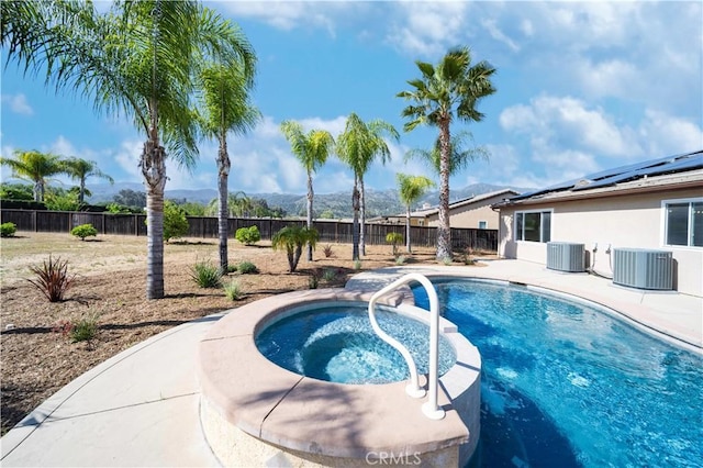 32706 Blue Mist Way, Wildomar, CA 92595 - view of swimming pool featuring a patio, central AC, a fenced backyard, and a mountain view