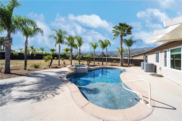 32706 Blue Mist Way, Wildomar, CA 92595 - view of swimming pool with a fenced backyard, a mountain view, central air condition unit, a pool with connected hot tub, and a patio