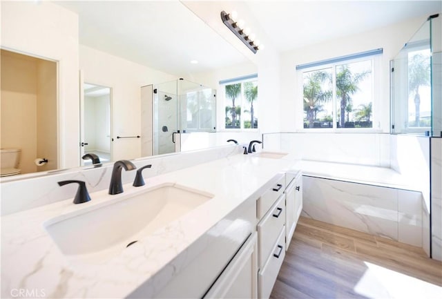 32706 Blue Mist Way, Wildomar, CA 92595 - full bath featuring wood finished floors, a sink, a marble finish shower, double vanity, and toilet